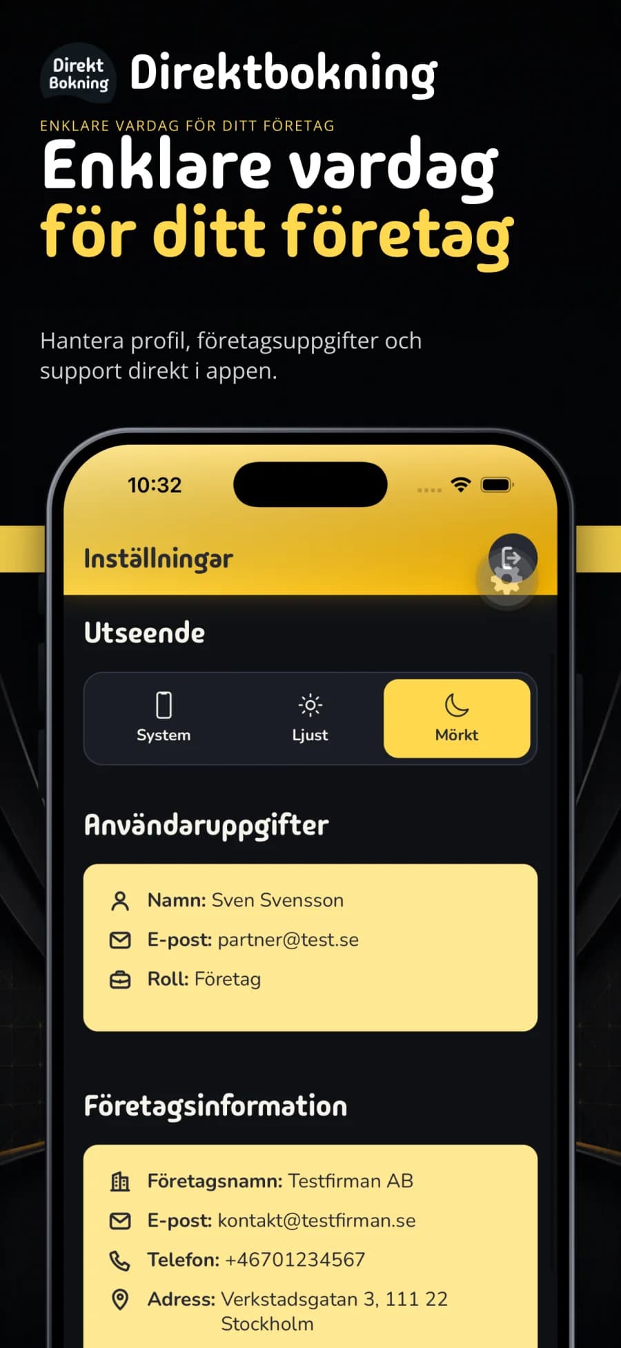 Företagsinställningar och support i Direktbokning
